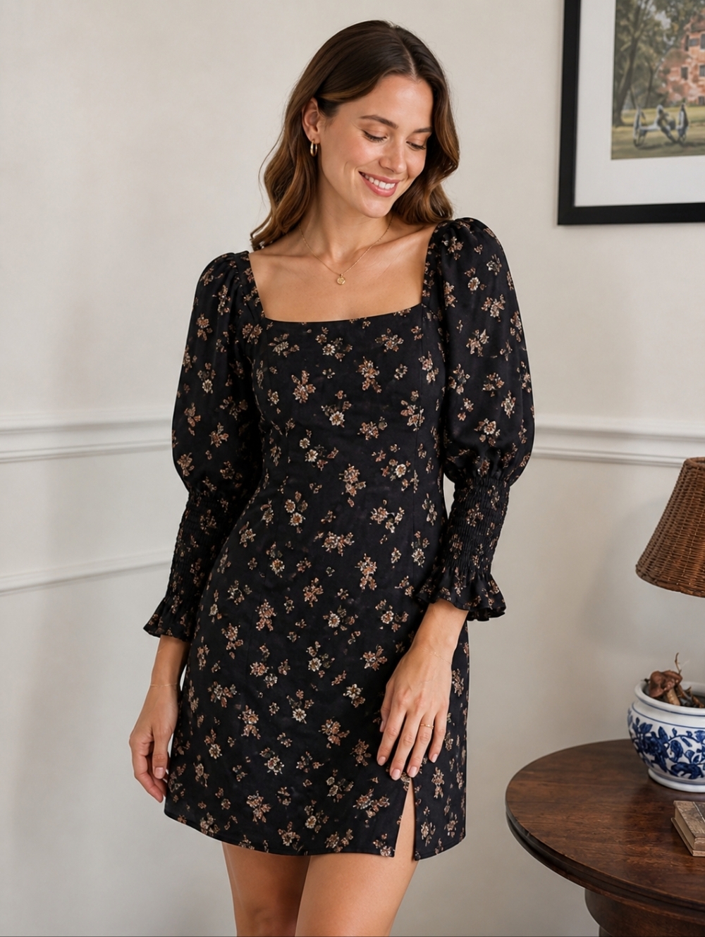 Francesca's Black Floral Mini Dress 3/4 length sleeves Large